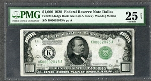 1928 U.S. Federal Reserve $1000 Note Dark Green (Dallas) – PCGS Very Fine 25   